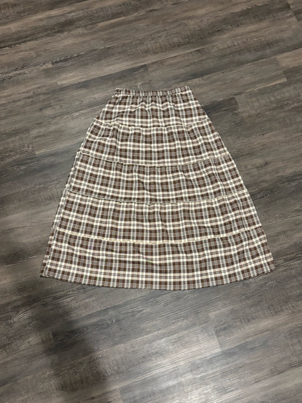Edikted Brown and Cream Plaid Tiered Midi Skirt